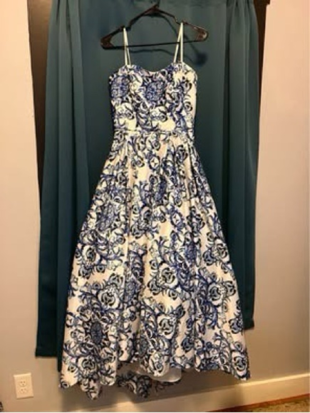 Betsy & Adam White Dress with Blue Floral Print, Strapless
